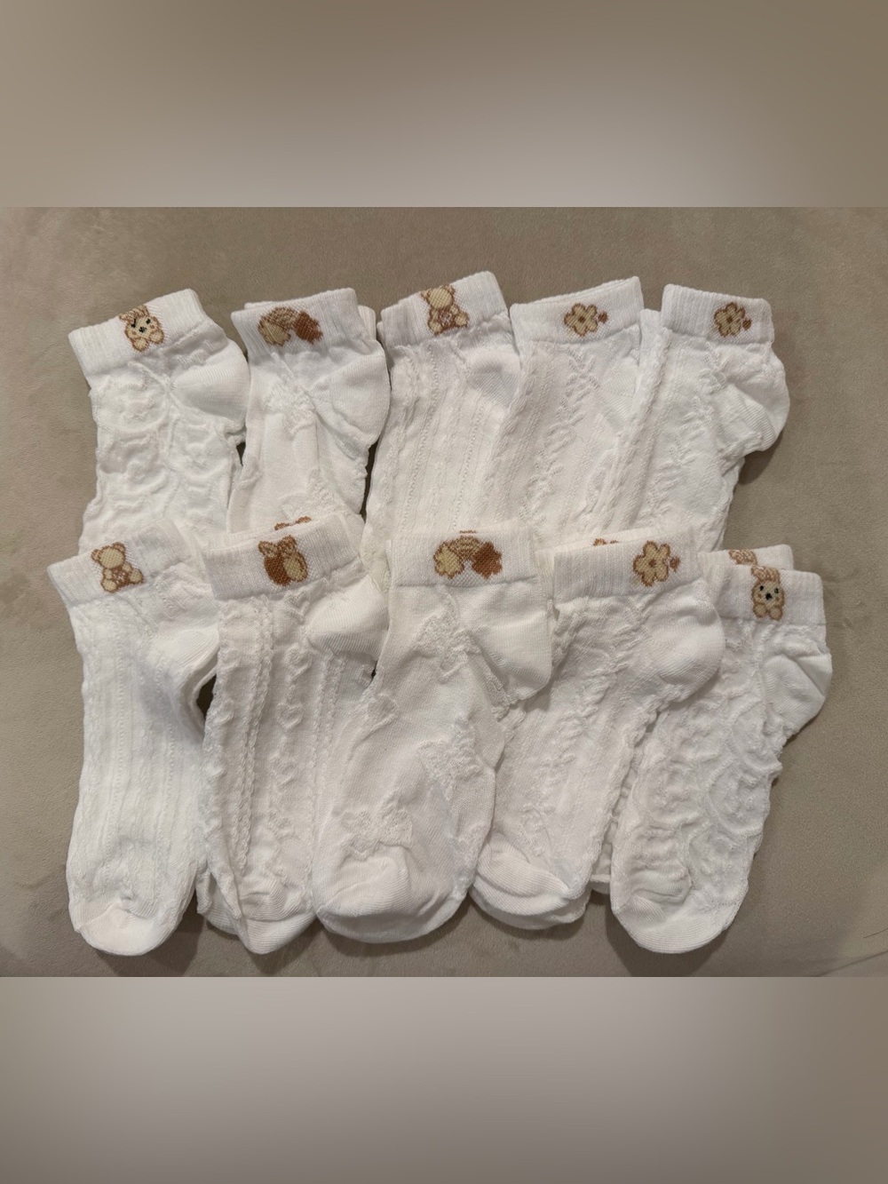 NEW White Cable-Knit Crew Socks with Brown Accent - Pack of 10 Pairs